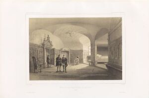  Monochromatic lithograph titled "Johan IIIs fengsel i Gripsholm Slott" by Auguste Etienne François Mayer, depicting three historical figures within a grand, arch-filled interior setting, executed with a refined use of light and shadow to enhance its dramatic and narrative quality.