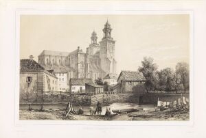  A sepia-toned litographic print titled "Domkirken i Uppsala sett fra nord" by Auguste Etienne François Mayer, featuring a grand cathedral with spires at the center, a bridge, and figures by a river in the foreground, with residential buildings and a clear sky.