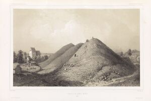  Lithograph on paper entitled "Gravhaug i Gamla Uppsala" by Auguste Etienne François Mayer, depicting serene burial mounds in a tranquil landscape.