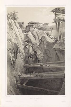  Monochromatic lithograph by Auguste Etienne François Mayer titled "Gruvene i Dannemora" depicting the Dannemora mines with deep vertical chasms, asymmetrical wooden mining structures, and textured rocky surfaces. The image is rendered in various shades of gray, emphasizing the depth and ruggedness of the mining environment.