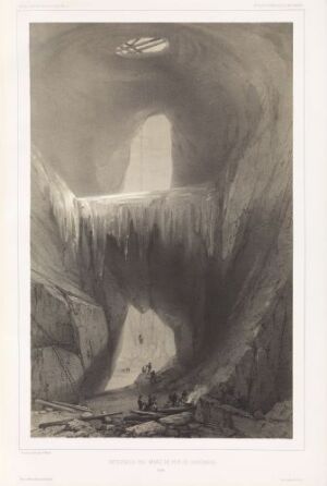  Monochromatic lithography on paper titled "Det indre av jernmalmgruvene i Dannemora" by Auguste Etienne François Mayer, showcasing the cavernous interior of an iron ore mine with miners illuminated by natural light from an arched entrance, capturing the contrast between light and shadow on the rocky surfaces.