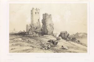  "Ruinene av Petrikirken i Sigtuna," a lithograph on paper by Auguste Etienne François Mayer, portrays the historical ruins of a church with a fragment of a tower standing amidst crumbling walls, set in a serene landscape with small figures near the ruins under a clear sky, rendered in sepia tones.