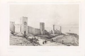  "Murene i Visby," a grayscale lithograph by Auguste Etienne François Mayer, presenting a serene depiction of medieval ruins with towers and remnants of walls next to a body of water, featuring a distant sailing ship and diminutive figures in the foreground.