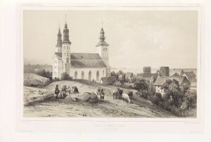  Monochromatic lithograph titled "Mariakirken i Visby" by Auguste Etienne François Mayer, depicting St. Mary's Church with Gothic towers in a pastoral setting with figures and horses in the foreground, set against a background with medieval buildings and a clear sky.