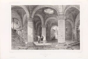  Monochromatic lithograph by Auguste Etienne François Mayer titled "Helligåndskirken i Visby," showing the interior of a grand church with vaulted ceilings and a staircase, with human figures lending scale to the vast architectural space.