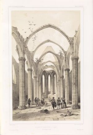  Lithograph by Auguste Etienne François Mayer titled "Katharinakirken i Visby" displaying the interior ruins of St. Catherine's Church in Visby with towering Gothic arches, pillars, and figures exploring amidst the ruins, rendered in sepia tones.