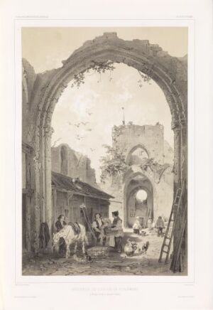  Monochromatic lithograph titled "Clemenskirken i Visby" by Auguste Etienne François Mayer featuring an archway framing a historical scene of a market or social gathering among ruins, with figures engaged in various activities, and a further ruined arch in the background, all depicted in soft shades of sepia.