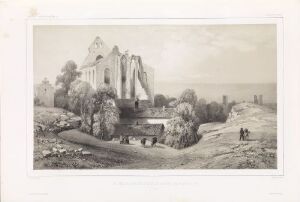  "Nikolaskirken i Visby," a monochromatic lithograph by Auguste Etienne François Mayer depicting the serene ruins of St. Nicholas' Church amidst an overgrown natural landscape with small human figures for scale.