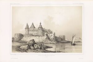  "Kalmar slott" by Auguste Etienne François Mayer, a sepia-toned litography on paper depicting the historic Kalmar Castle in Sweden with a reflective water foreground, a sailboat, and remnants of ancient walls amidst a serene natural landscape.