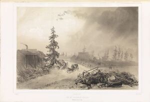  "Tulijocki" by Barthélémy Lauvergne, lithograph on paper depicting a winter scene with figures in the foreground, leafless trees, evergreen trees, wooden buildings on the left, ships in the distance on a water body, and a dynamic cloudy sky, all in varying shades of gray.