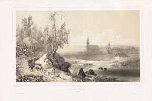  A detailed black and white lithograph titled "Nykarleby" by Jean Louis Tirpenne, showcasing a serene historical landscape with a birch tree in the foreground, a winding river in the midground, and the silhouette of a town with a church spire in the background, all rendered in grayscale.