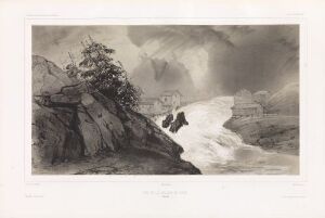  Black and white lithograph titled "Foss i Kuru" by Jean Louis Tirpenne, depicting a powerful waterfall crashing down between rocks, with a cluster of buildings perched above it, under a dramatic cloudy sky, showcasing the wild beauty of nature.