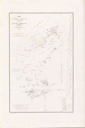  An antique topographical map titled "Carte des anciennes lignes du niveau de la mer entre Kaafiord et Hammerfest en Finmark" by S. Jacobs, primarily in shades of light beige for the paper and black for the inked details, featuring intricate lines and text indicating geographical and ancient maritime features.