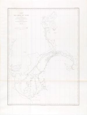  Vintage map titled "Carte des mers du Nord, indiquant les températures de la surface de la mer pendant les trois voyages de la corvette la Recherche" by Decorby featuring delicate outlines of northern coastlines and routes, in muted, aged tones on a light background, indicative of an old maritime document.