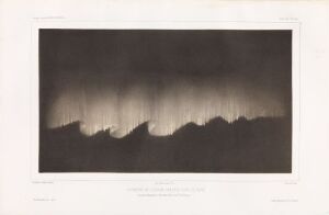  "Nordlys nord for Bossekop, 11. januar 1838, kl. 20.20" by Victor Lottin, a lithographic print on paper depicting the grayscale Northern Lights over a shadowy, rolling landscape with a focus on the sweeping ethereal bands of light in the night sky.