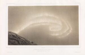  "Nordlys sør for Bossekop, 6. januar 1839, kl. 18.04" by Léon Jean Baptiste Sabatier is a lithograph depicting the Northern Lights. An illuminated arched band of varying shades of gray dominates the upper portion of the artwork against a darker gray sky, with a shadowy mountain landscape visible on the lower left side, capturing the ethereal beauty of the aurora borealis.