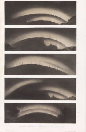  "Litography on paper by Louis Bevalet, titled 'Nordlys nord-nord-vest for Bossekop, 12. januar 1839', depicting four monochrome panels of the Northern Lights in various stages, showing arches of light above a dark landscape."