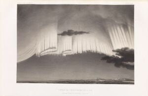  "Northern Lights by Alta" is an aquatint on paper by artist Sigismond Himely from 1839, showing monochromatic shades of gray that represent the ethereal spectacle of the Northern Lights, with defined vertical ribbons of lighter tones over a dark horizon line suggesting a landscape below.