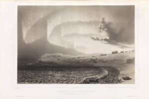  Monochromatic lithograph by Louis Bevalet titled "Nordlys nord-øst for Bossekop, 21. januar 1839, kl. 18.00" portraying the ethereal Northern Lights with curved bands of light in shades of grey arching over a darkened landscape of hills below.