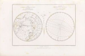  Historical scientific diagrams titled "Nordlys" by Auguste Bravais, featuring two monochromatic, detailed circular maps on aged off-white paper, one showing part of a northern hemisphere and the other an abstract polar projection with concentric circles and radiating lines, signifying a work related to geography or astronomy.