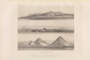  "Trace anciennes de la mer (côte occidentale de Norvège, environs de Drontheim, no 2)" by Eugène Robert, an aquatint on paper depicting a tranquil landscape with a series of pyramid-like mountain peaks reflected in water, rendered in monochrome shades.