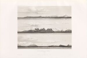  Aquatint print "Fra vestkysten i Finnmark, nr. 1 (Norge)" by Eugène Robert depicting two tranquil seascape scenes in muted grays and whites, featuring gentle seas, a distant mountain range under a soft sky, and a closer view of the peaks and waves on paper.