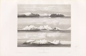  A triptych aquatint print titled "Fra vestkysten i Finnmark, nr. 2 (Norge)" by Eugène Robert, with three horizontal sections showing serene arctic landscapes in monochromatic shades of grey, including distant floating icebergs, snow-covered mountain peaks, and close-up ice floes on a calm sea.