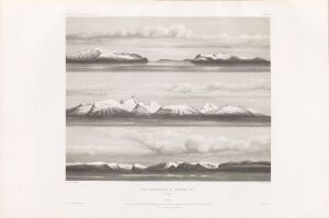  Black and white aquatint print by Eugène Robert titled "Fra vestkysten i Finnmark, nr 3. (Norge)," featuring a tranquil Arctic seascape with three horizontal bands. The top and bottom bands depict subtle shades of a calm sea and distant land, while the central band showcases contrasting snow-covered mountains.