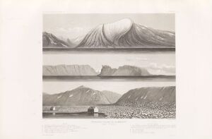  "Fjellformasjoner ved Hammerfest, Kvaløya i Finnmark (Norge)" by Eugène Robert, a grayscale aquatint fine art print on paper depicting a serene, layered landscape with foggy skies above distant mountains, a still fjord in the middle, and a rugged terrain with a solitary structure in the foreground.