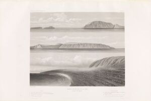  "Traces anciennes de la mer, en Finmark (Norvège)" by Eugène Robert, an aquatint print on paper depicting a serene and misty landscape scene of Finnmark, Norway, with shades of gray illustrating the interplay of light and shadow on ancient sea traces and distant mountains.