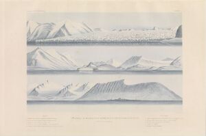  "Vue générale des montagnes et du glacier situé au fond de la rade de Bell-Sound (côte occidentale du Spitzberg)" by Eugène Robert is an aquatint on paper artwork depicting serene, gray-toned, mountainous and glacial landscapes in three horizontal panels, exemplifying the tranquil beauty of the Spitzberg western coast in Norway.