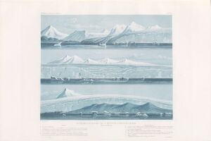  A fine art print by Eugène Robert entitled "Vue générale du glacier situé au sud-est de la Pointe des Renards (rade de Bell-Sound)" depicting a panoramic view of a glacier and surrounding peaks in pale blues and whites, with calm waters in the foreground scattered with ice floes, all rendered in a cold color palette suggesting an Arctic or sub-Arctic landscape.