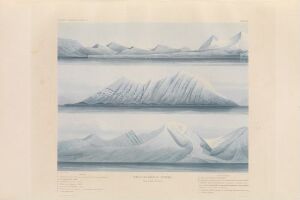  "Kullfelt på Spitsbergen (kysten i Bellsund, nr. 2)" by Eugène Robert, a fine art aquatint print on paper featuring two separate serene arctic landscapes with soft blue and cyan tones depicting calm seas and distant ridges in the upper view, and detailed ice formations in the lower view, conveying the stillness and isolation