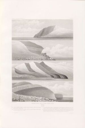  "Ulike bergarter ved kysten i Bellsund (Spitsbergen)" by Eugène Robert—a fine art aquatint on paper depicting three separate monochromatic scenes of layered, rocky landscapes along a tranquil coast, each panel showing different geological formations and textures, rendered in shades of grey and white.