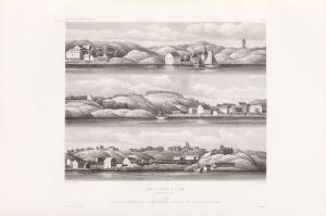  This is an aquatint artwork titled "Traces anciennes de la mer" by Eugène Robert, featuring three monochromatic landscapes. Each horizontal strip shows a different coastal scene in eastern Sweden, with rolling hills, sparse buildings, and detailed rustic land use. The artwork is rendered in a nuanced grayscale, evoking a sense of historical continuity and natural beauty.