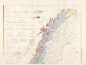  Antique scientific map titled "Coupes et vues géologiques relatives a la Norwège, la Suede et la Finlande" by J. Durocher, featuring pale cream paper with soft hues of blue, green, brown, gray, and red marking geological features of Scandinavia, accompanied by text and smaller diagrams as keys.