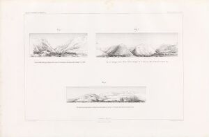  Fine art print titled "Vues de montagnes formées de différents terrains, en Norwège" by J. Durocher. The print on paper features three panels with monochromatic etchings of Norwegian mountain landscapes, each with distinct mountain formations and varying levels of detail and shadow to suggest depth. The paper's white space frames and separates the panels for visual emphasis.