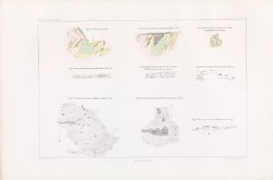  A collection of detailed technical illustrations of copper, tin, and cobalt mines titled "Plans et coupes des mines de cuivre, d'étain et de cobalt" by J. Durocher, featuring subtle colors on a soft white paper background, with each diagram meticulously labeled.