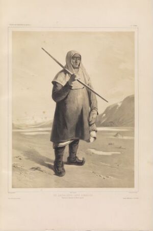  Lithograph by Sébastien-Charles Giraud titled "Jon Larsen Keino, norsk same, fører for Commission du Nord i Sameland," showing a Sami man in traditional clothing holding a pole and a strap, standing in a wintery Sameland landscape, rendered in soft beige and gray tones.