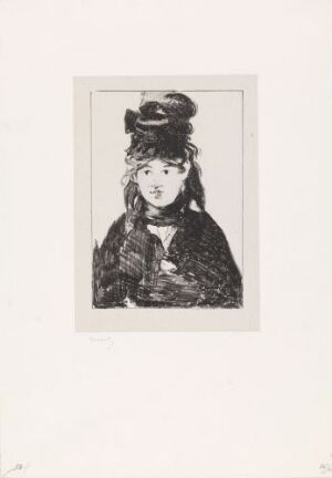  Lithograph on paper titled "Berthe Morisot in black" by Édouard Manet, featuring a monochrome portrait of a woman in a dark, textured outfit with a hat, gazing directly at the viewer, set against a plain background, framed by a white border.