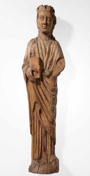  A carved wooden ecclesiastical figure known as "Helgenfigur" made from pine wood with a warm honey tone, featuring fine details such as draped clothing and a serene facial expression, holding an object to its chest, crafted by an unknown artist.