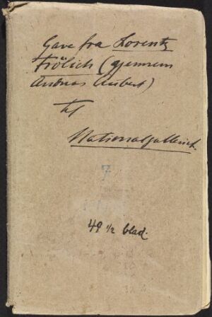  An old, yellowed paper with cursive handwriting and a signature in brown ink, the title "Skissebok" on the cover, suggesting a vintage sketchbook or manuscript.