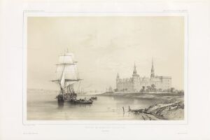  Monochromatic lithograph titled "Kronborg slott" by Auguste Etienne François Mayer depicting a serene maritime setting with a large sailing ship anchored on the left, a small rowboat in the foreground, and the expansive, detailed Kronborg Castle on the right, all conveyed in gentle, muted tones to create a sense of historical tranquility.