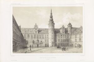  "Gården i Kronborg slott" by Philippe Benoist, a lithograph on paper depicting a detailed view of the Renaissance architecture of Kronborg Castle's courtyard, with shaded greyscale tones suggesting depth and texture, and figures that provide a sense of scale.