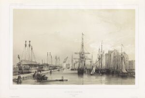  "Københavns havn sett fra tollstedet," a grayscale lithograph on paper by Auguste Etienne François Mayer, featuring an array of sailing ships with tall masts and detailed rigging anchored in a calm harbor, with a small rowboat in the foreground and a light fog over the distant horizon.