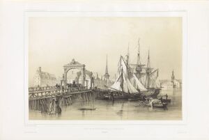  "Knippelsbroen i København" is a sepia-toned lithograph on paper by Auguste Etienne François Mayer, featuring a detailed depiction of the Knippels Bridge in Copenhagen, with a large sailing ship in the foreground, smaller boats, and figures on and around the bridge, set against a backdrop of city buildings.