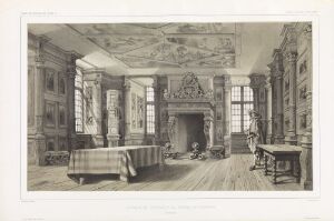  A black and white lithograph by Adrien Dauzats, titled "Christian IVs værelse i Rosenborg slott," showcasing a detailed interior of a 17th-century European room with high ceilings, ornate furniture, a decorative fireplace, and elaborately paneled windows.