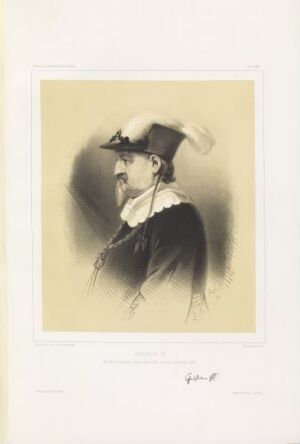  Lithograph on paper by Emile Lassalle titled "Christian IV av Danmark," depicting a profile portrait of a nobleman in 17th-century attire with a wide-brimmed hat featuring a prominent feather, an elaborate ruff collar, and a distinguished mustache and beard set against a graded background.