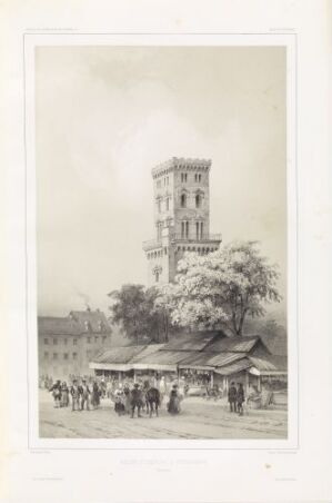  Monochromatic lithograph titled "Nikolaikirken i København" by Louis Julien Jacottet, featuring the historic St. Nicholas Church tower in Copenhagen with a tree to the left, figures gathered in a bustling marketplace in the foreground, and the intricate play of light and shadow creating depth and life.