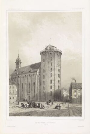  Lithograph on paper titled "Rundetårn i København" by Eugène Cicéri, depicting the 17th-century Round Tower in Copenhagen. The monochromatic sepia-toned print presents a street scene with the tall cylindrical tower as the central focus and a series of figures below it